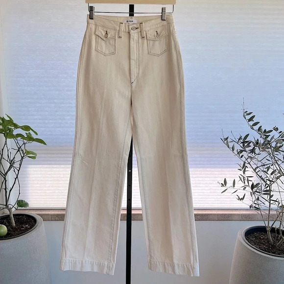 Re/Done 70s Pocket Wide Leg Pants Rinsed Birch 26 NWT Boho Neutral Contemporary - Picture 1 of 7